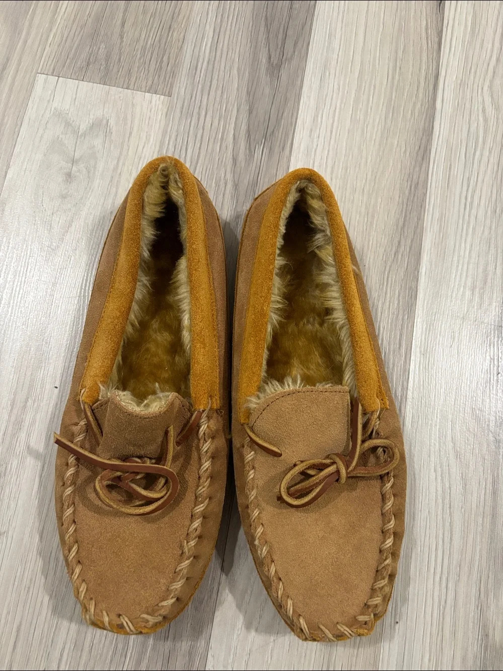 L.L. Brown Suede Moccasin Slippers with Fur Lining Kids Size 6